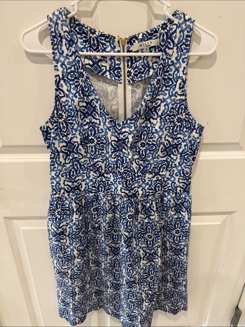 Milly Blue and White Printed V-Neck Sleeveless Mini Dress